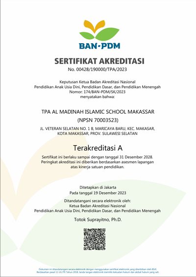 Sertifikat akreditasi A TPA Al Madinah Islamic School Makassar dari BAN-PDM