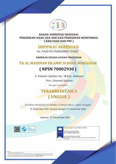 Sertifikat akreditasi A (Unggul) TK Al Madinah Islamic School Makassar