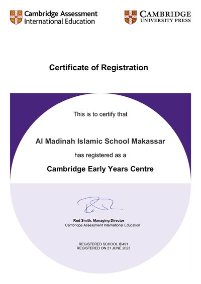 Sertifikat Cambridge Early Years Centre untuk Al Madinah Islamic School Makassar
